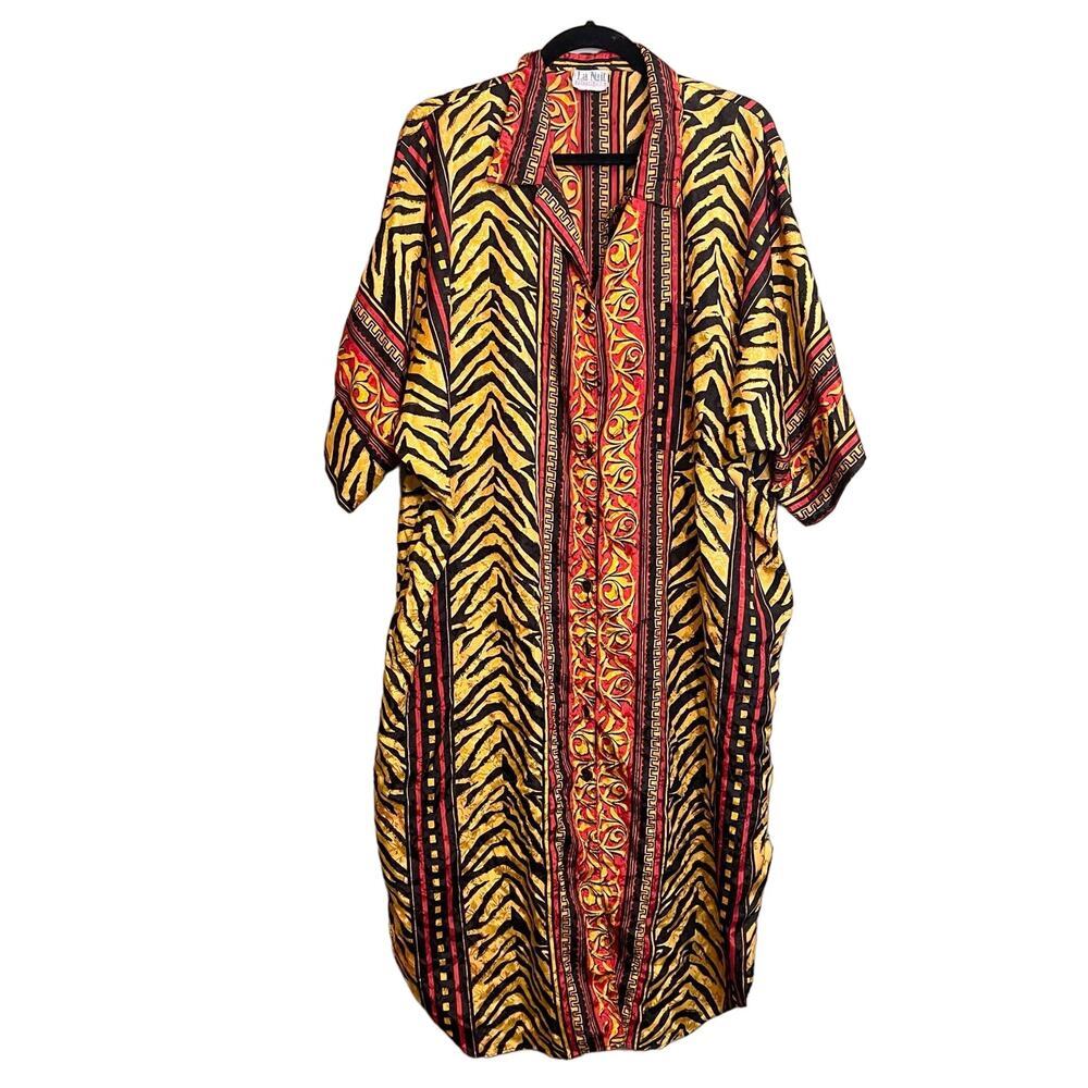 La Niit Intamites Long Patterned Button Down Kaftan OS  Dress